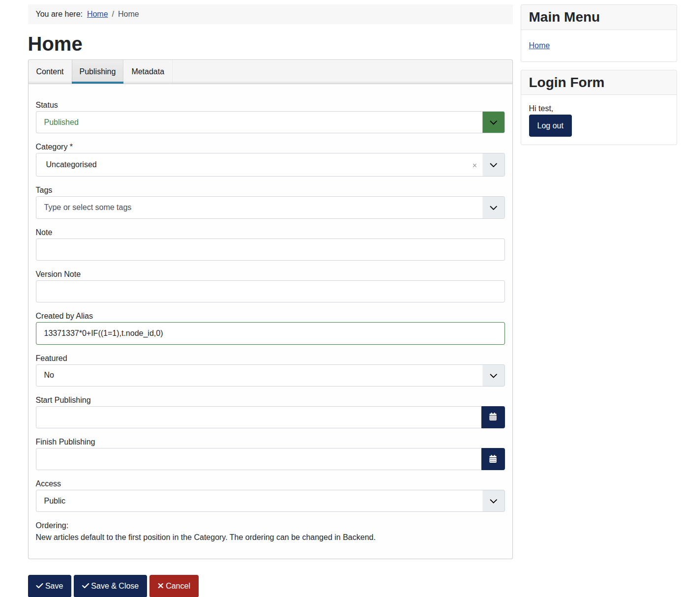 Publisher article form with the SQLi payload in Created by Alias